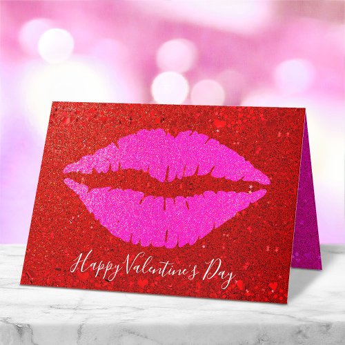 Happy Valentines Day Pink Lips on Red Glitter Holiday Card