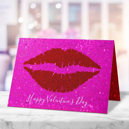 Happy Valentines Day Red Lips on Pink Glitter Holiday Card