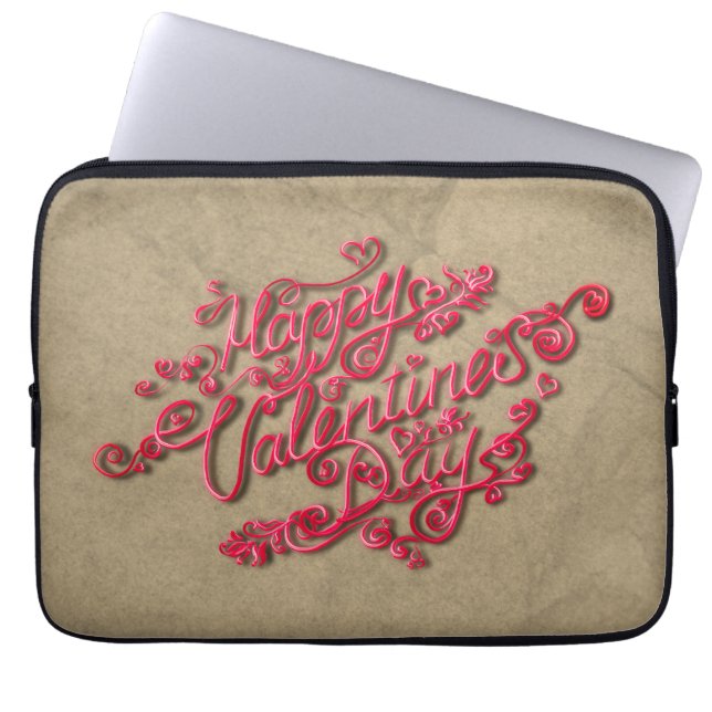 Happy Valentine’s Day sepia heart red lettering Laptop Sleeve (Front)