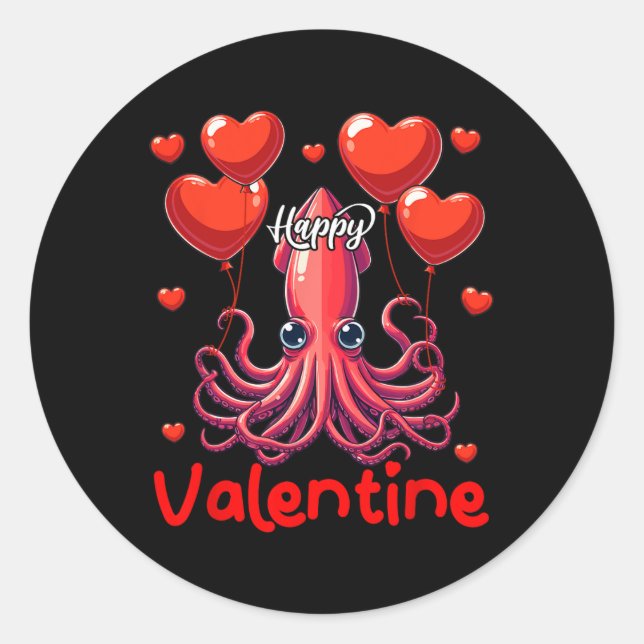 Happy Valentine Squid Holding Heart Bylloons Lover Classic Round Sticker (Front)