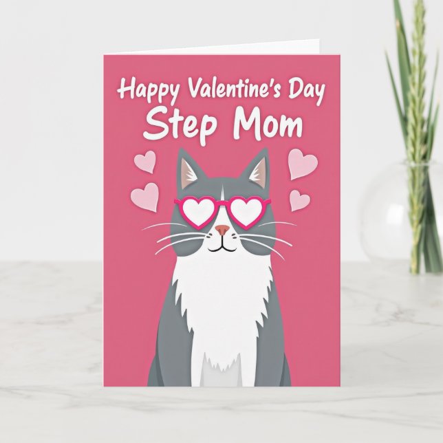 Happy Valentine Step Mom Heart Cat Card (Front)