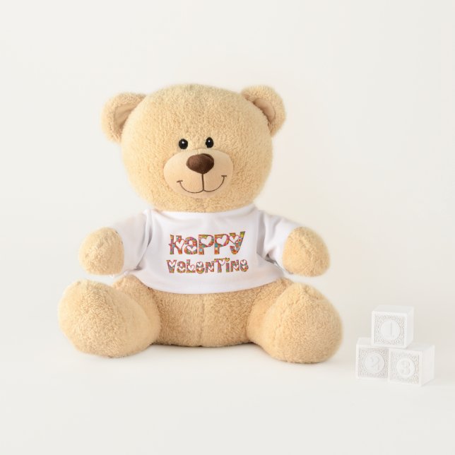 Happy Valentine Sunny Hearts Typography Cute Teddy Bear (In Situ)