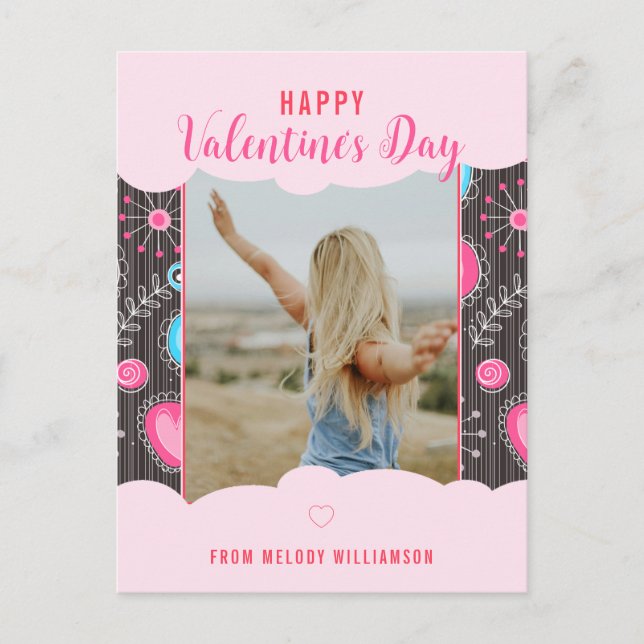 Happy Valentine Whimsy Pink Blue Heart Flower Name Holiday Postcard (Front)