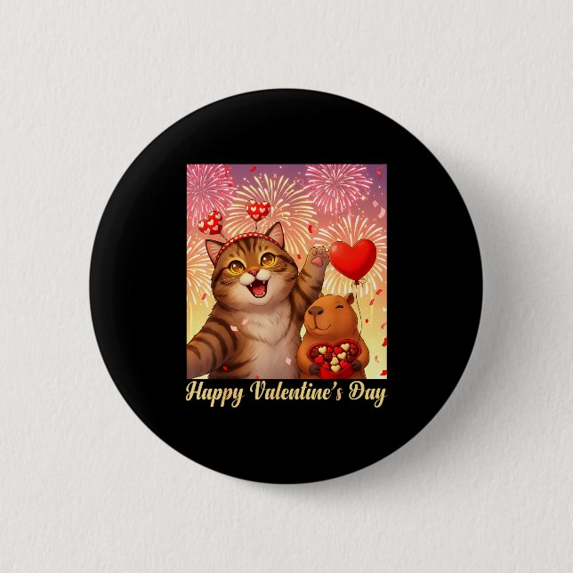 Happy Valentines 2026 Cute Cat Capybara Party Art  Button (Front)