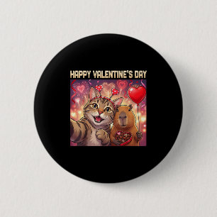 Happy Valentines 2026 Cute Cat Capybara Party Art  Button