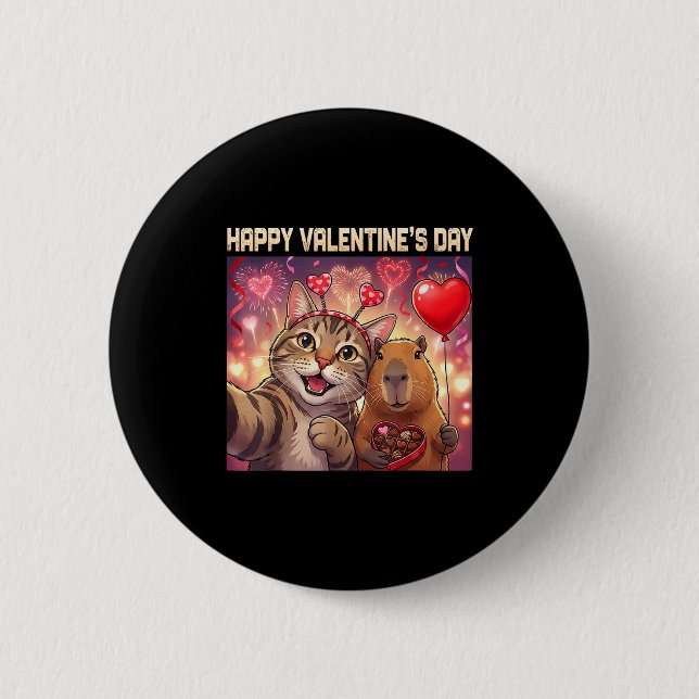 Happy Valentines 2026 Cute Cat Capybara Party Art  Button (Front)