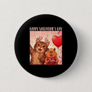 Happy Valentines 2026 Cute Cat Capybara Party Art  Button