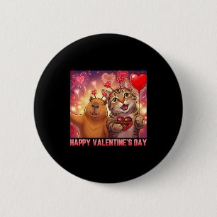 Happy Valentines 2026 Cute Cat Capybara Party Art  Button