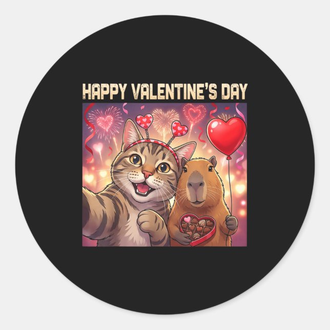 Happy Valentines 2026 Cute Cat Capybara Party Art  Classic Round Sticker (Front)