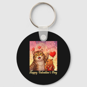 Happy Valentines 2026 Cute Cat Capybara Party Art Keychain