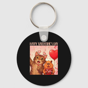 Happy Valentines 2026 Cute Cat Capybara Party Art Keychain