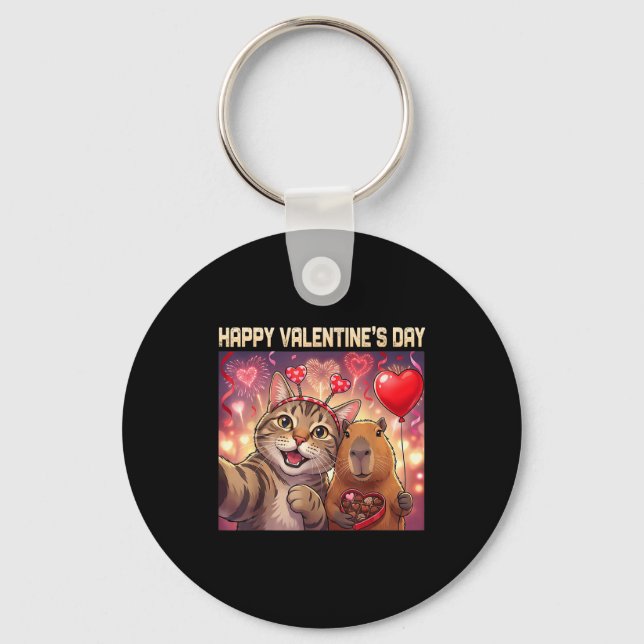 Happy Valentines 2026 Cute Cat Capybara Party Art  Keychain (Front)