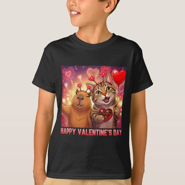 Happy Valentines 2026 Cute Cat Capybara Party Art  T-Shirt (Front)