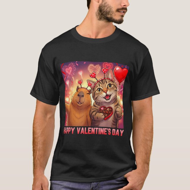 Happy Valentines 2026 Cute Cat Capybara Party Art  T-Shirt (Front)