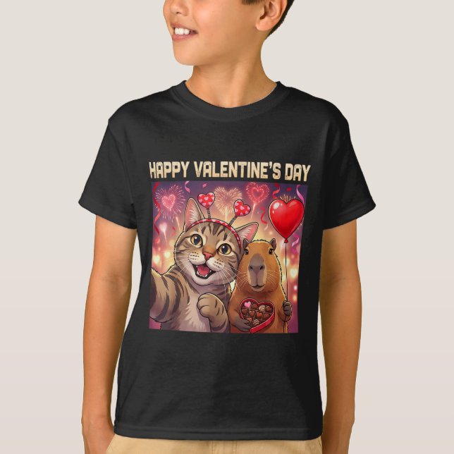 Happy Valentines 2026 Cute Cat Capybara Party Art  T-Shirt (Front)