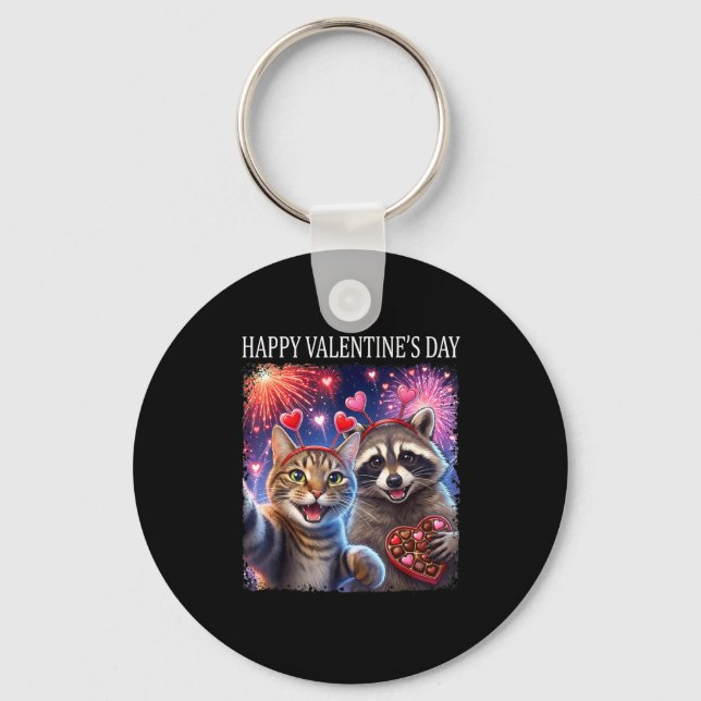 Happy Valentines 2026 Cute Cat Raccoon Party Art  Keychain (Front)