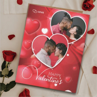 Happy Valentine's 2 Photo Collage Red  Hearts Holiday Card