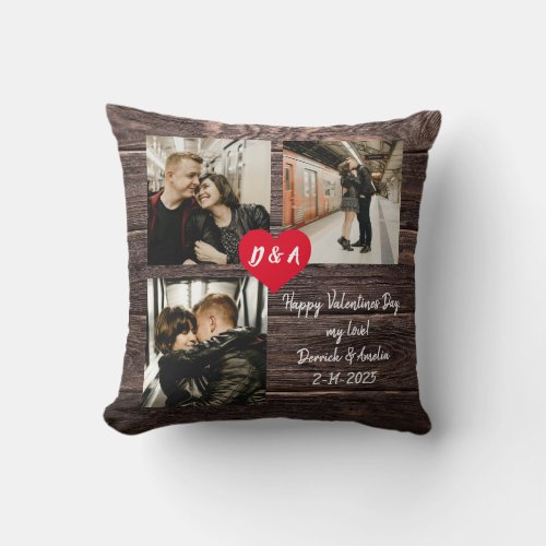 Happy Valentines 3 Photo Couple Rustic Wood Heart Throw Pillow