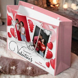 Happy Valentine's 4 Photo Collage Red Pink Hearts Large Gift Bag