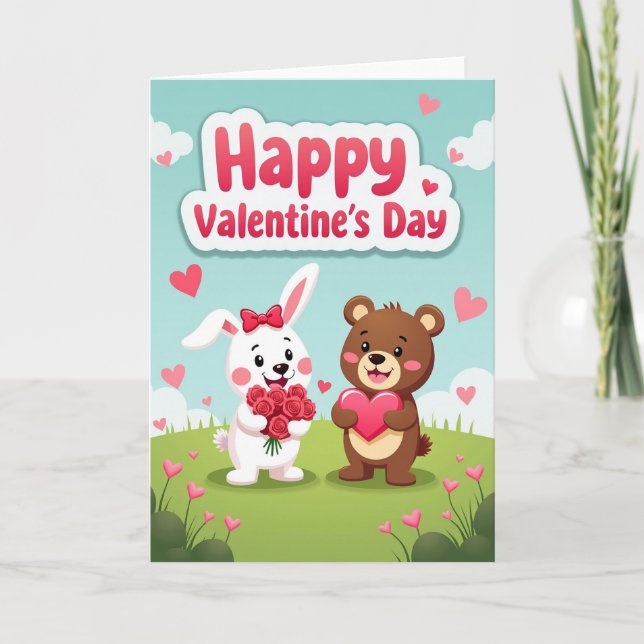 Happy Valentines Bear Bunny Card (Front)