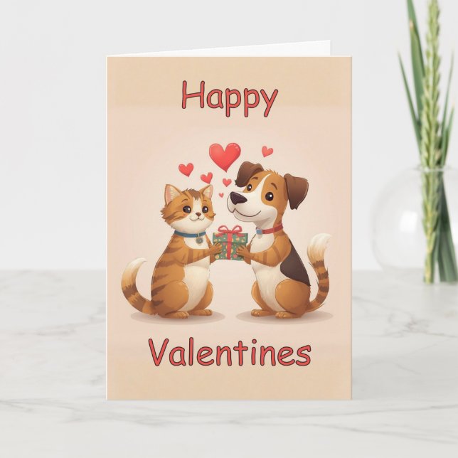 Happy Valentines Cat & Dog design Card (Front)
