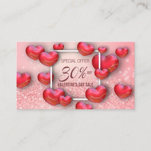 Happy Valentines Day 3D Red Hearts Glitter Discount Card