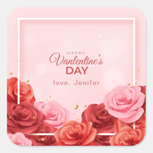 Happy Valentines Day 3D Roses Modern Red Square Sticker