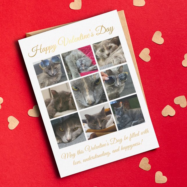happy valentines day,9 photos cat collage gold  note card (Creator Uploaded)