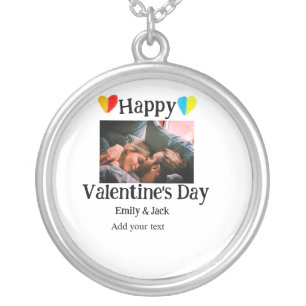 Happy valentine's day add couple name photo simple silver plated necklace