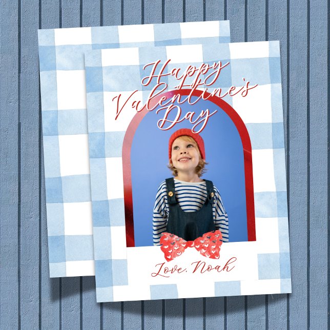 Happy Valentine's Day Arch Photo Blue Gingham Card (Send heart day greetings with this Happy Valentine's Day Arch Photo Blue Gingham Holiday Card! )
