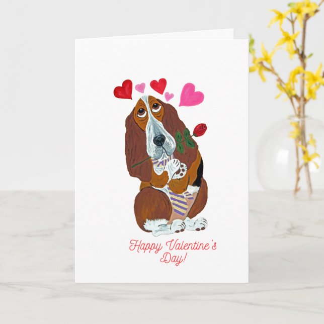 Happy Valentine's Day Basset Folded Greeting Card (Yellow Flower)