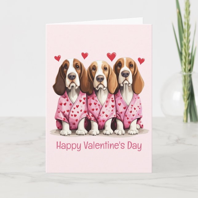 Happy Valentines Day Basset Hound Dogs Holiday Card (Front)