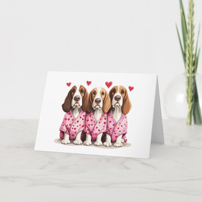 Happy Valentines Day Basset Hound Dogs Holiday Card (Front)