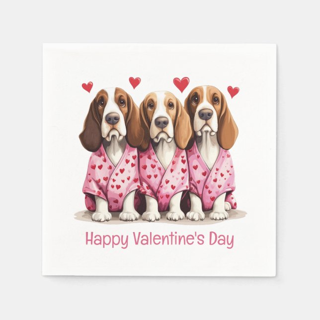 Happy Valentines Day Basset Hound Dogs Napkins (Front)