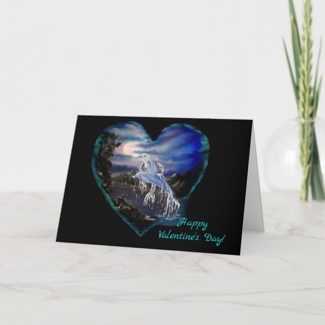 Happy Valentine's Day - Bay at Night, Dolphin Love Holiday Card (Front)