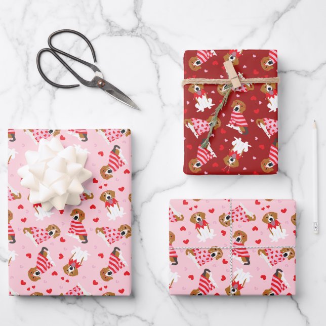 Happy Valentines Day Beagle Dogs Wrapping Paper Sheets (Front)