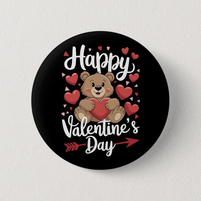Happy Valentine's Day Bear Heart Cute Couples Button (Front)