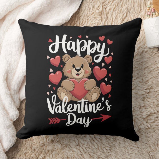 Happy Valentine's Day Bear Heart Cute Couples Throw Pillow (Blanket)