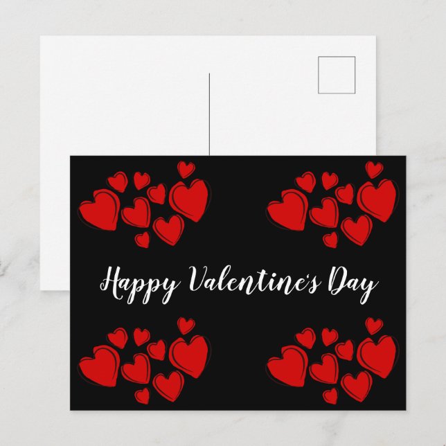 Happy Valentine's Day Black and Red Hearts Holiday Postcard (Front/Back)
