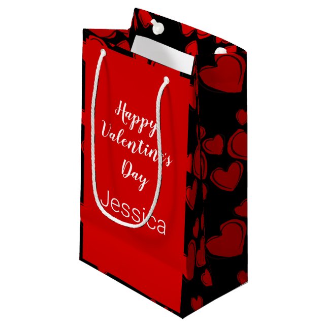 Happy Valentine's Day Black & Red with Hearts Small Gift Bag (Front Angled)
