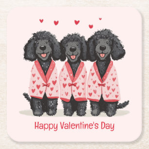 Happy Valentines Day Black Standard Poodle Dogs Square Paper Coaster