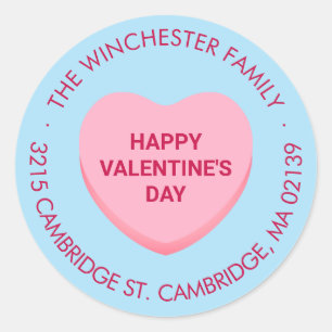 Happy Valentine's Day blue candy heart address Classic Round Sticker