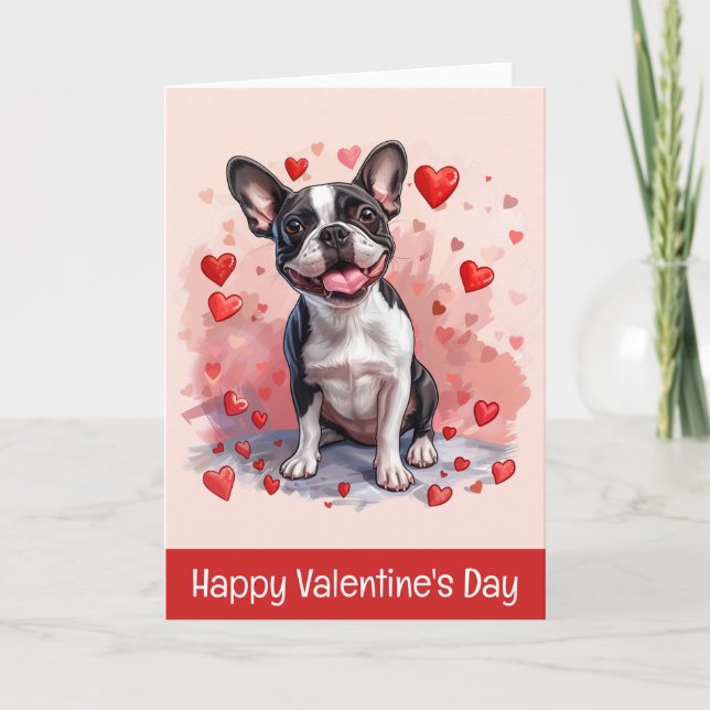 Happy Valentines Day Boston Terrier Dog Holiday Card (Front)