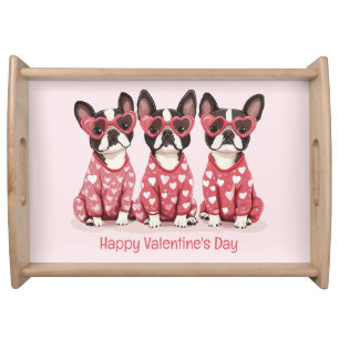 Happy Valentines Day Boston Terrier Dogs Serving Tray