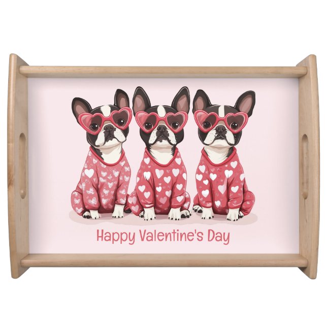 Happy Valentines Day Boston Terrier Dogs Serving Tray (Front)