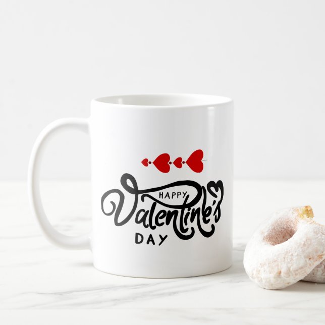 Happy Valentines Day calligraphy Red Hearts Arrows Coffee Mug (With Donut)