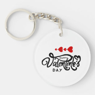 Happy Valentines Day calligraphy Red Hearts Arrows Keychain