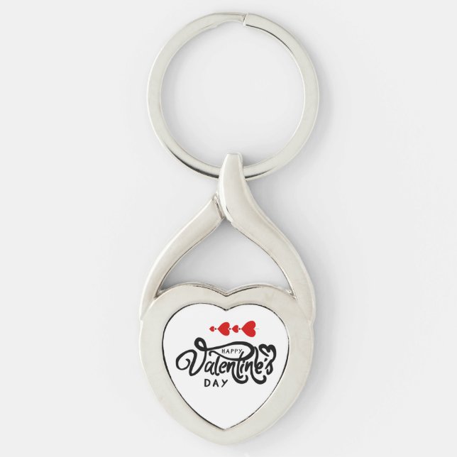 Happy Valentines Day calligraphy Red Hearts Arrows Keychain (Front)