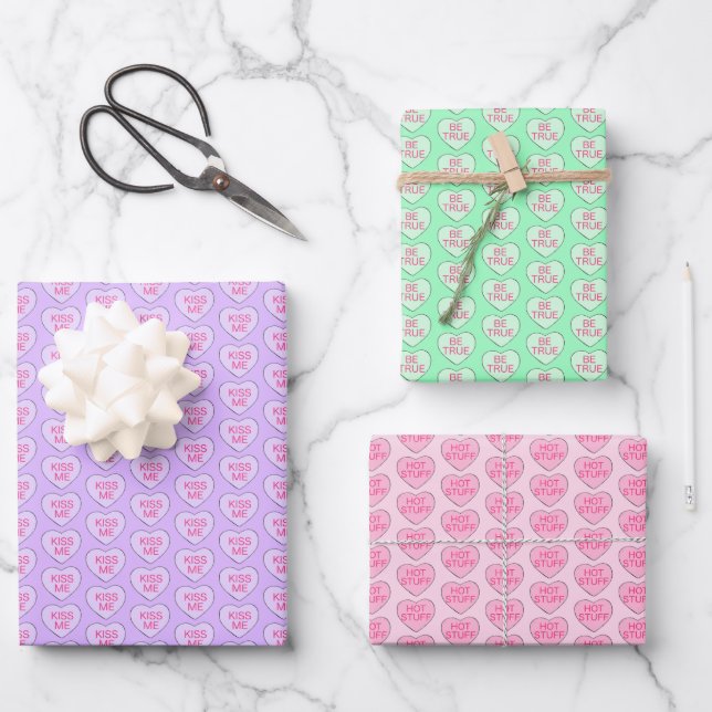 Happy Valentine's Day Candy Conversation Hearts Wrapping Paper Sheets (Front)