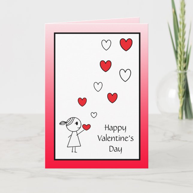 Happy Valentine's Day Card Girl Throwing Hearts (Front)